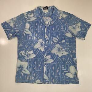 VTG Hilo Hattie Shirt Men’s Large Button Up Floral Aloha Hawaiian Blue Hibiscus